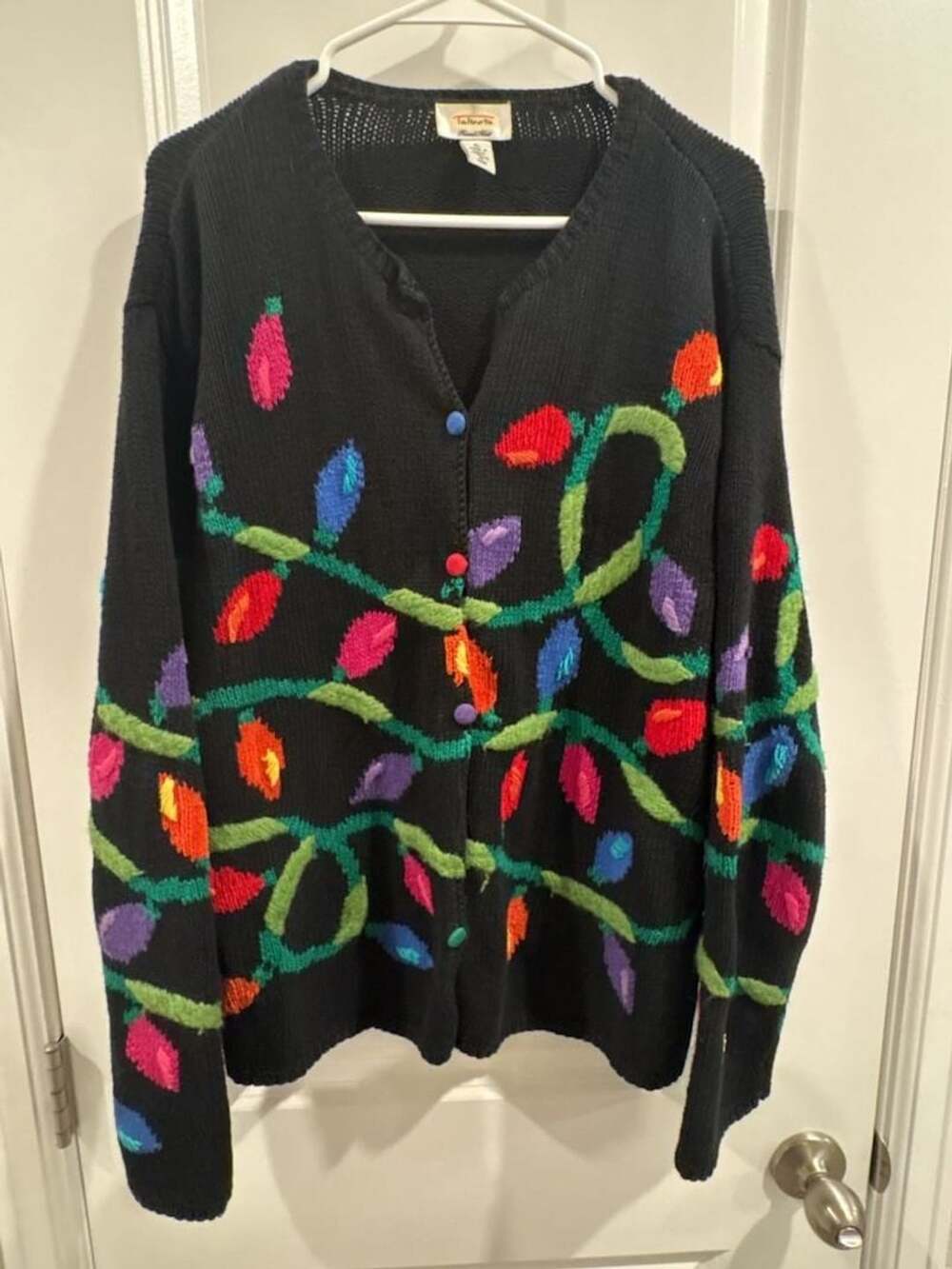 Talbots Hand Knit Black Christmas Light Bulb Cardigan Sweater XL